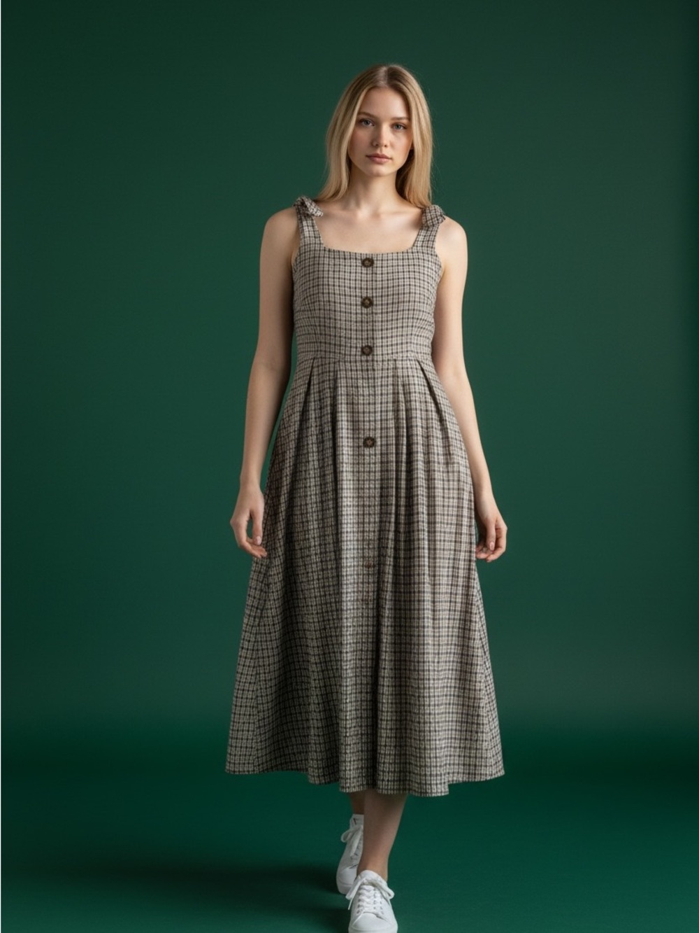 Moon River Beige and Black Checked Midi Dress
